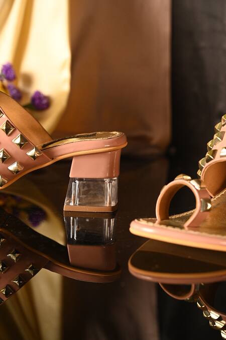 Buy_Miraki_Beige Embellished Stud Block Heels _Online_at_Aza_Fashions