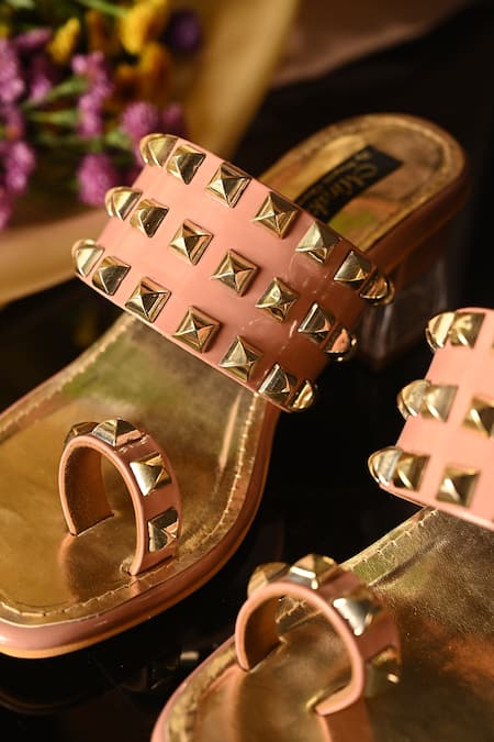 Miraki_Beige Embellished Stud Block Heels _at_Aza_Fashions