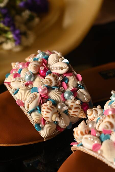 Shop_Miraki_White Embellished Seashells Flats _Online_at_Aza_Fashions