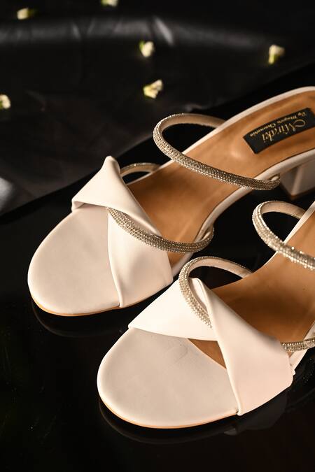 Miraki_White Embellished Rhinestone Straps Block Heels _at_Aza_Fashions