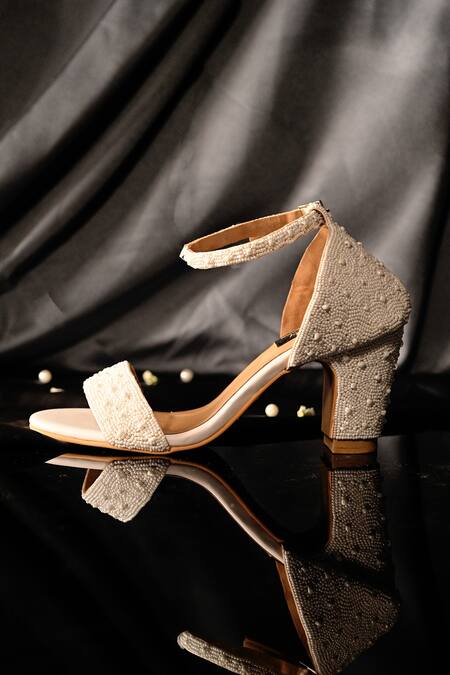 Miraki_White Pearls Embellished Block Heels _Online_at_Aza_Fashions