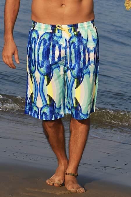 Goya Swim CO_Blue Polyester Handpainted Printed Board Shorts _Online_at_Aza_Fashions