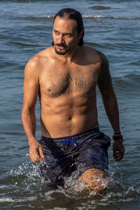 Goya Swim CO_Blue Polyester Handpainted Geometric Print Board Shorts _Online_at_Aza_Fashions