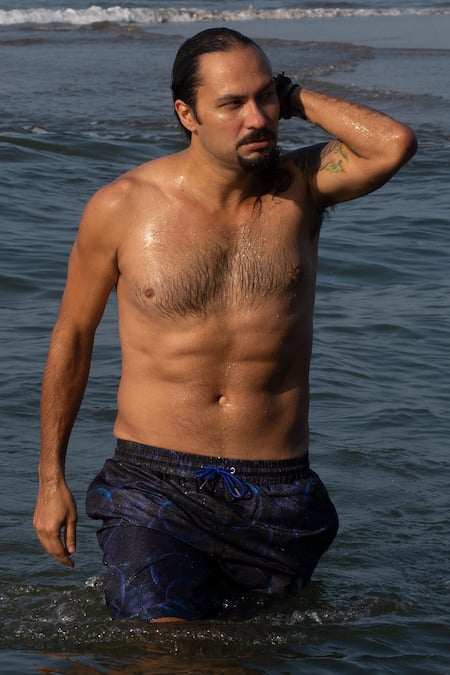 Buy_Goya Swim CO_Blue Polyester Handpainted Geometric Print Board Shorts _Online_at_Aza_Fashions