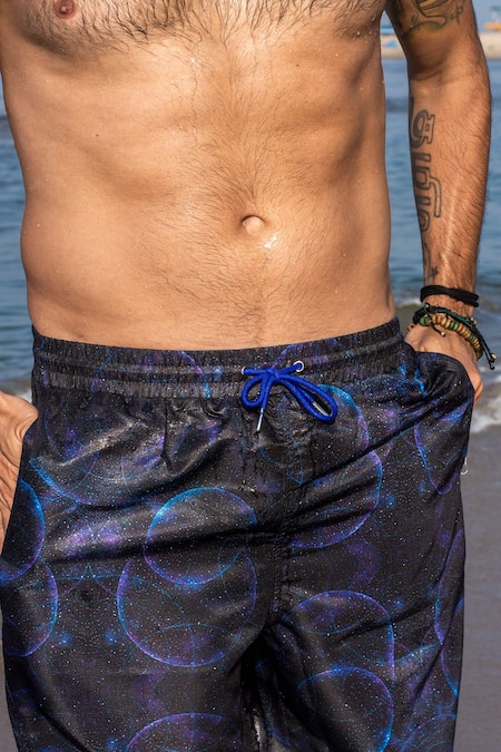 Shop_Goya Swim CO_Blue Polyester Handpainted Geometric Print Board Shorts _Online_at_Aza_Fashions