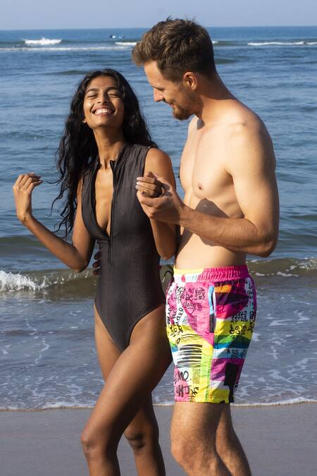 Goya Swim CO_Pink Polyester Handpainted Printed Swim Shorts _Online_at_Aza_Fashions
