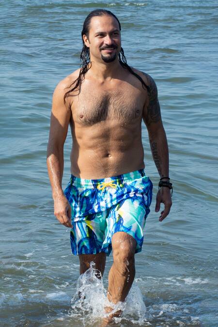Shop_Goya Swim CO_Blue Polyester Handpainted Printed Board Shorts _Online_at_Aza_Fashions