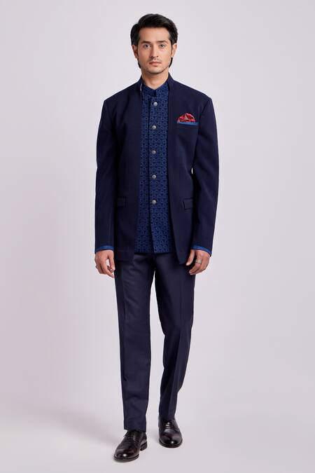 Bubber Couture Blue Crepe, Wool Romanov Bandhgala Jacket Online at Aza Fashions Bubber Couture_Blue Crepe, Wool Romanov Bandhgala Jacket _Online_at_Aza_Fashions