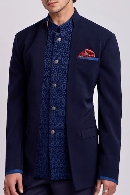 Buy Bubber Couture Blue Crepe, Wool Romanov Bandhgala Jacket Online at Aza Fashions Buy_Bubber Couture_Blue Crepe, Wool Romanov Bandhgala Jacket _Online_at_Aza_Fashions