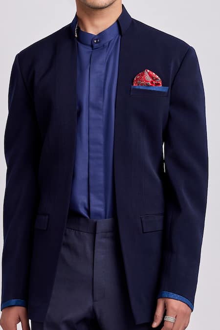 Bubber Couture Blue Crepe, Wool Konstantin Front Open Bandhgala Jacket Online at Aza Fashions Bubber Couture_Blue Crepe, Wool Konstantin Front Open Bandhgala Jacket _Online_at_Aza_Fashions