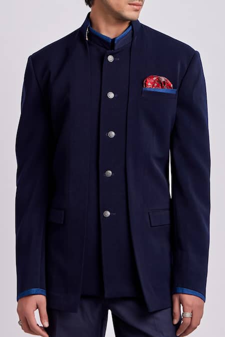 Buy Bubber Couture Blue Crepe, Wool Romanov Front Open Bandhgala Jacket Online at Aza Fashions Buy_Bubber Couture_Blue Crepe, Wool Romanov Front Open Bandhgala Jacket _Online_at_Aza_Fashions