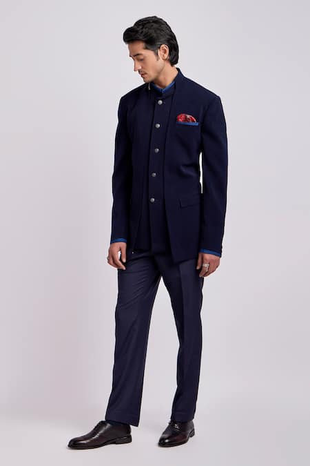 Shop Bubber Couture Blue Crepe, Wool Romanov Front Open Bandhgala Jacket Online at Aza Fashions Shop_Bubber Couture_Blue Crepe, Wool Romanov Front Open Bandhgala Jacket _Online_at_Aza_Fashions