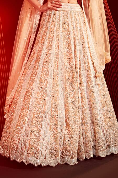 Roqa Peach Net Pearls, Mirrors V-neck Embroidered Lehenga Blouse Set Online at Aza Fashions Roqa_Peach Net Pearls, Mirrors V-neck Embroidered Lehenga Blouse Set_Online_at_Aza_Fashions
