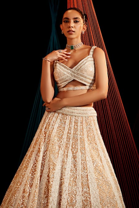 Buy Roqa Peach Net Pearls, Mirrors V-neck Embroidered Lehenga Blouse Set Online at Aza Fashions Buy_Roqa_Peach Net Pearls, Mirrors V-neck Embroidered Lehenga Blouse Set_Online_at_Aza_Fashions