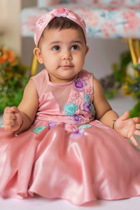 Lil Angels_Pink Cotton, Silk, Satin Beads Floral Embroidered Frock _Online_at_Aza_Fashions