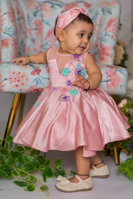 Buy_Lil Angels_Pink Cotton, Silk, Satin Beads Floral Embroidered Frock _Online_at_Aza_Fashions