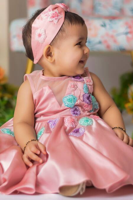 Shop_Lil Angels_Pink Cotton, Silk, Satin Beads Floral Embroidered Frock _Online_at_Aza_Fashions