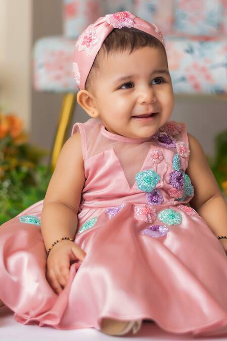 Lil Angels_Pink Cotton, Silk, Satin Beads Floral Embroidered Frock _at_Aza_Fashions
