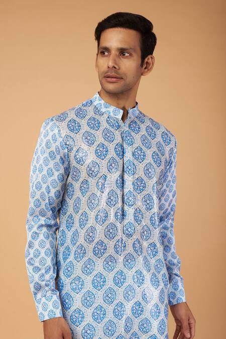 Buy_Rabani & Rakha_Blue Crepe, Satin, Cotton Sequins, Metallic Mughal Pattern And Work Kurta Set _Online_at_Aza_Fashions