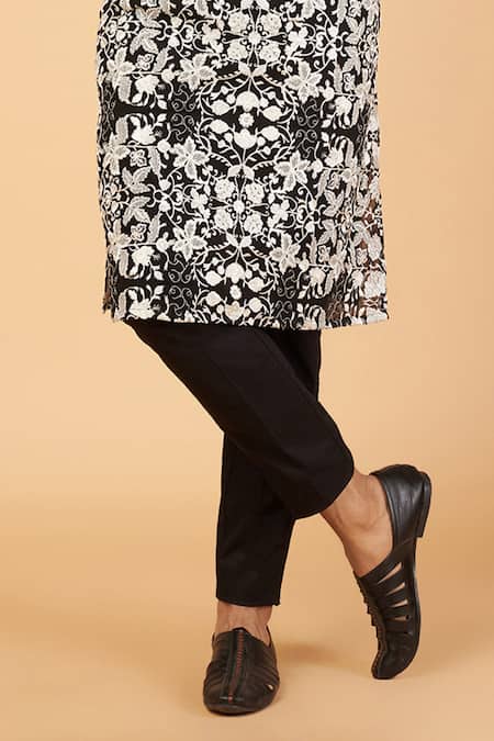 Buy_Rabani & Rakha_Black Georgette, Cotton Satin, Cotton, Silk Jaal Resham Work Kurta Pant Set _Online_at_Aza_Fashions