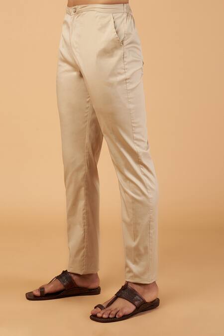 Rabani & Rakha_Beige Crepe, Satin Embroidery Mughal Stripe Print Kurta Set _Online_at_Aza_Fashions