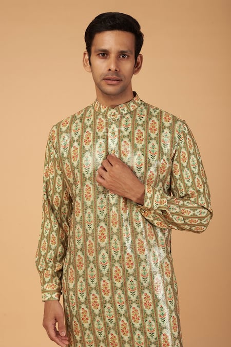 Buy_Rabani & Rakha_Beige Crepe, Satin Embroidery Mughal Stripe Print Kurta Set _Online_at_Aza_Fashions