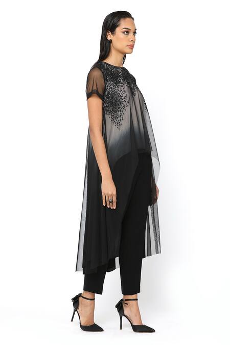 Buy_Rohit Gandhi + Rahul Khanna_Black Georgette Embellished Bead Round Taraus High Low Hem Top _Online_at_Aza_Fashions