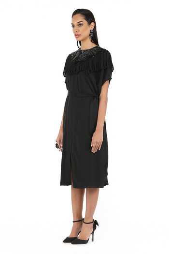 Buy_Rohit Gandhi + Rahul Khanna_Black Tulle Embellished Round Folded Fringe Metallic Dress _Online_at_Aza_Fashions
