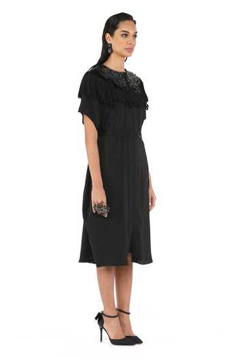Shop_Rohit Gandhi + Rahul Khanna_Black Tulle Embellished Round Folded Fringe Metallic Dress _Online_at_Aza_Fashions