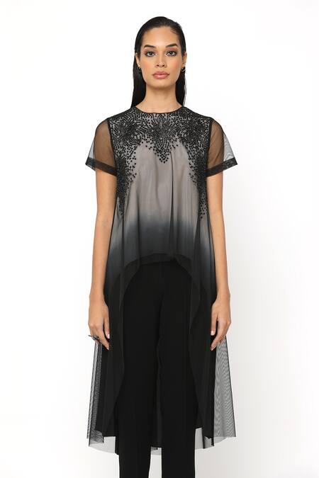 Shop_Rohit Gandhi + Rahul Khanna_Black Georgette Embellished Bead Round Taraus High Low Hem Top _Online_at_Aza_Fashions