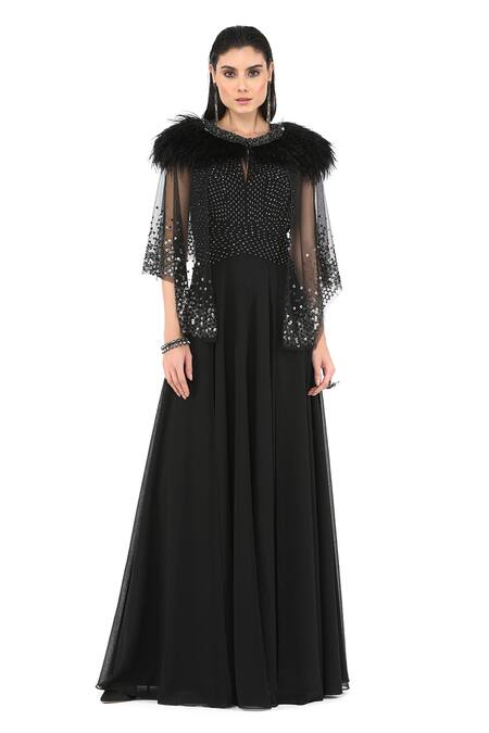 Buy_Rohit Gandhi + Rahul Khanna_Black Polyester Sequins Round Neck Ace Corded Gown With Cape _Online_at_Aza_Fashions