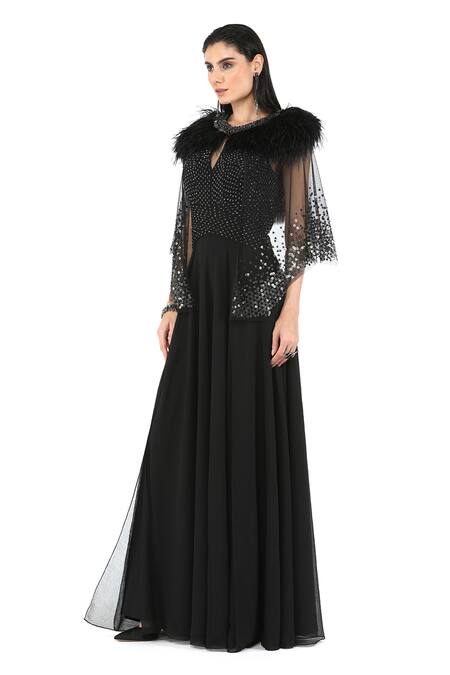 Shop_Rohit Gandhi + Rahul Khanna_Black Polyester Sequins Round Neck Ace Corded Gown With Cape _Online_at_Aza_Fashions