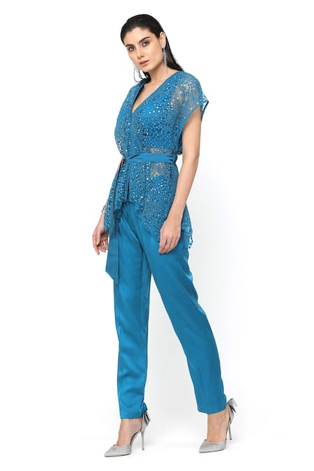 Rohit Gandhi + Rahul Khanna_Blue Satin Straight Fit Trouser _Online_at_Aza_Fashions