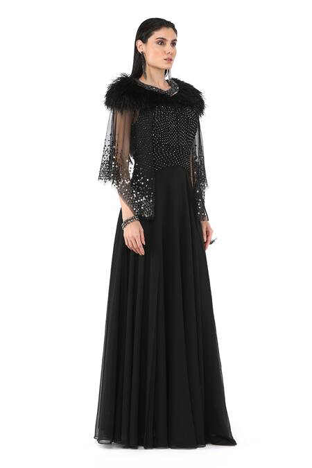 Rohit Gandhi + Rahul Khanna_Black Polyester Sequins Round Neck Ace Corded Gown With Cape _at_Aza_Fashions