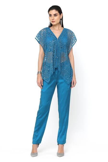 Buy_Rohit Gandhi + Rahul Khanna_Blue Satin Straight Fit Trouser _Online_at_Aza_Fashions