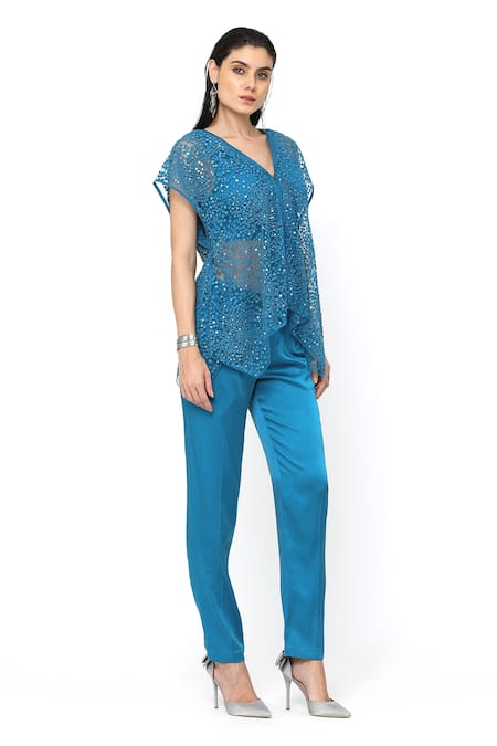 Shop_Rohit Gandhi + Rahul Khanna_Blue Satin Straight Fit Trouser _Online_at_Aza_Fashions