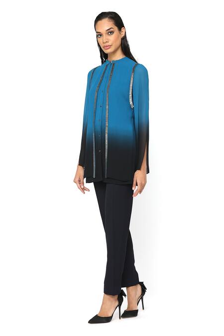 Rohit Gandhi + Rahul Khanna_Blue Viscose Straight Fit Trouser  _Online_at_Aza_Fashions