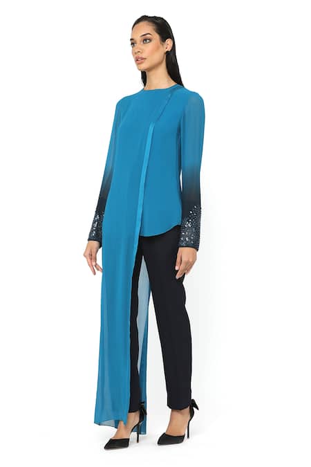 Rohit Gandhi + Rahul Khanna_Blue Silk, Georgette Embroidery Round Neck Asymmetric Ombre Sleeve Top _Online_at_Aza_Fashions