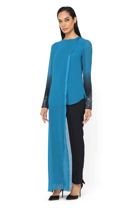 Buy_Rohit Gandhi + Rahul Khanna_Blue Silk, Georgette Embroidery Round Neck Asymmetric Ombre Sleeve Top _Online_at_Aza_Fashions