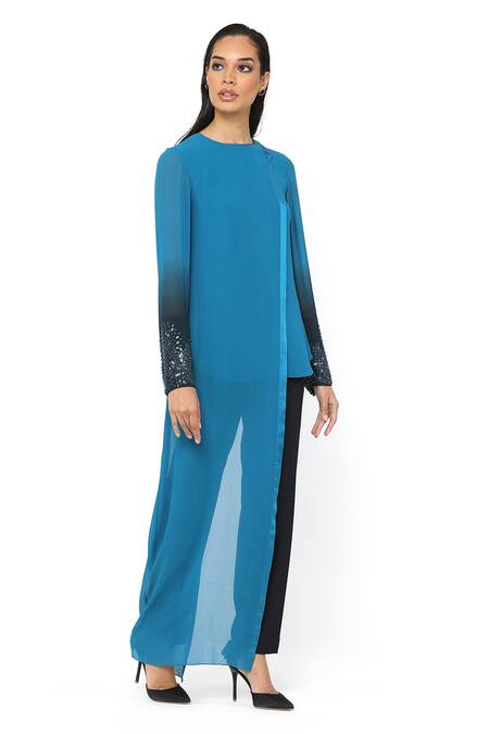 Shop_Rohit Gandhi + Rahul Khanna_Blue Silk, Georgette Embroidery Round Neck Asymmetric Ombre Sleeve Top _Online_at_Aza_Fashions