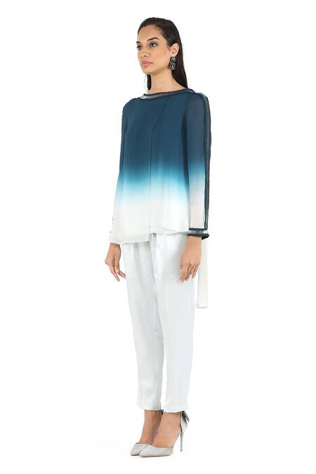 Rohit Gandhi + Rahul Khanna_Blue Georgette Embellished Round Zenith Ombre Top _Online_at_Aza_Fashions