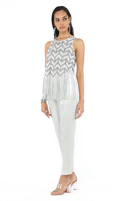 Rohit Gandhi + Rahul Khanna_Blue Crepe Embellished Crystal Beads And Metallic Sequin Round Chevron Fringe Top _Online_at_Aza_Fashions