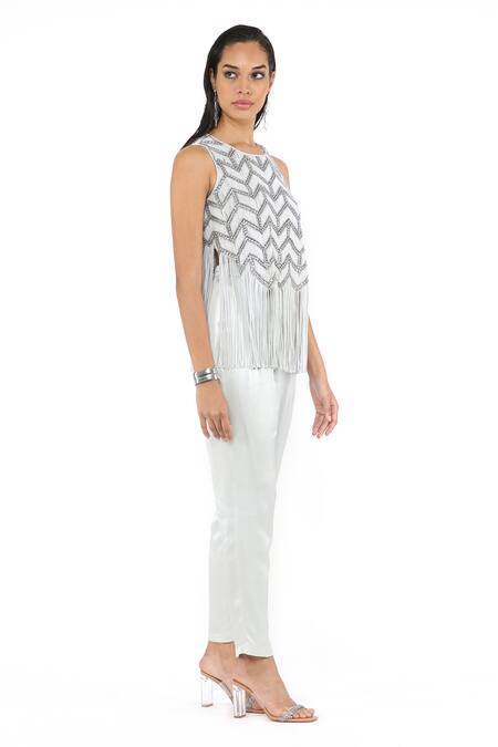 Buy_Rohit Gandhi + Rahul Khanna_Blue Crepe Embellished Crystal Beads And Metallic Sequin Round Chevron Fringe Top _Online_at_Aza_Fashions