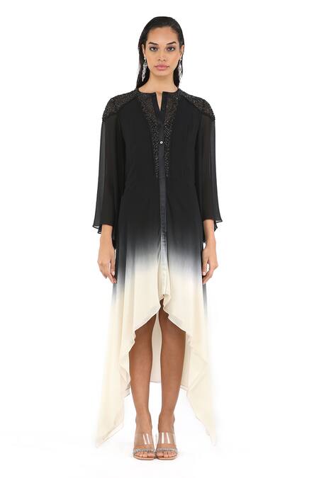 Rohit Gandhi + Rahul Khanna_Black Silk Georgette Embellished Sequin Round Ombre Yoke Dress _Online_at_Aza_Fashions