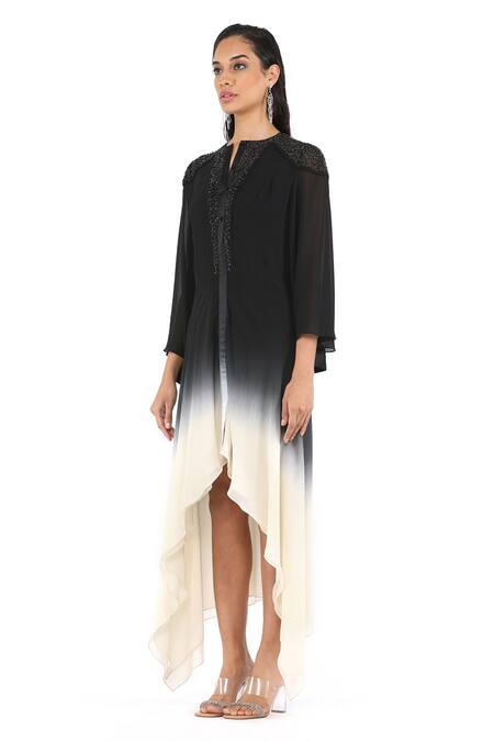 Buy_Rohit Gandhi + Rahul Khanna_Black Silk Georgette Embellished Sequin Round Ombre Yoke Dress _Online_at_Aza_Fashions