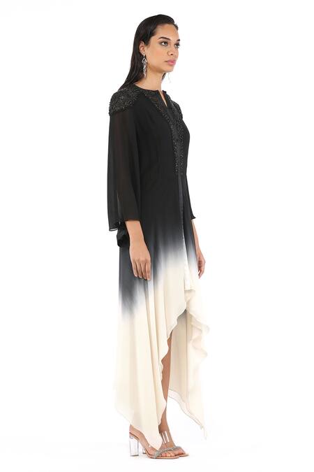 Shop_Rohit Gandhi + Rahul Khanna_Black Silk Georgette Embellished Sequin Round Ombre Yoke Dress _Online_at_Aza_Fashions