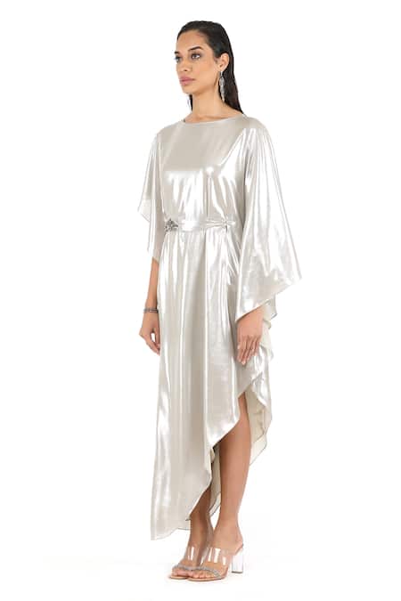 Rohit Gandhi + Rahul Khanna_Silver Polyester Embroidery Round Neck Stardust Asymmetric Kaftan _Online_at_Aza_Fashions