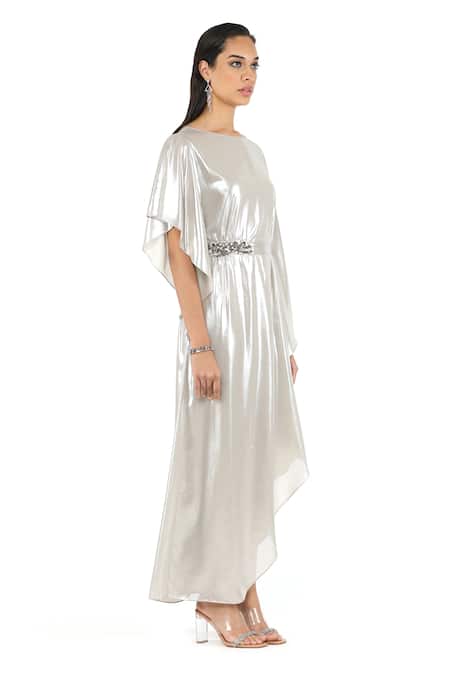 Buy_Rohit Gandhi + Rahul Khanna_Silver Polyester Embroidery Round Neck Stardust Asymmetric Kaftan _Online_at_Aza_Fashions