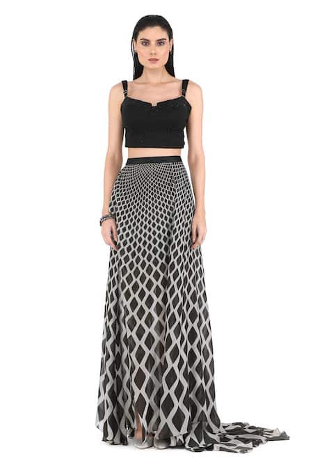 Rohit Gandhi + Rahul Khanna_Black Chiffon Gradient Diamond Print Skirt_Online_at_Aza_Fashions