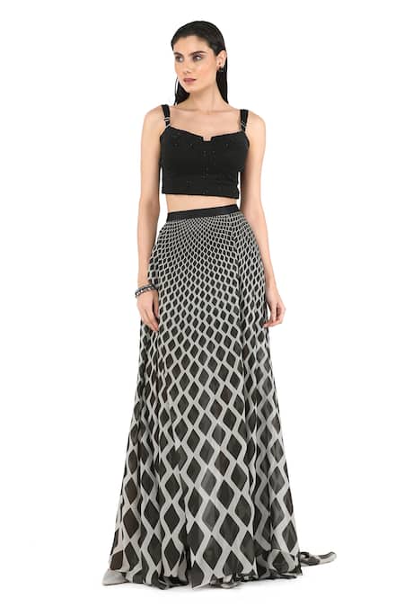 Buy_Rohit Gandhi + Rahul Khanna_Black Chiffon Gradient Diamond Print Skirt_Online_at_Aza_Fashions